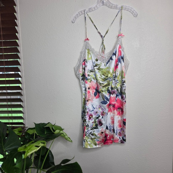 Cacique Floral Lace‎ Trim Chemise Sleep Dress Plus Size 22/24 White Pink Green - Picture 1 of 7